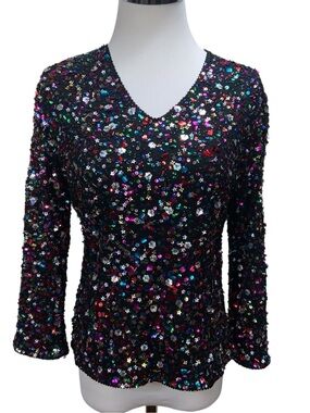 Vintage Classic Creations Confetti Sequin Beaded Stretch Top Size L V-Neck